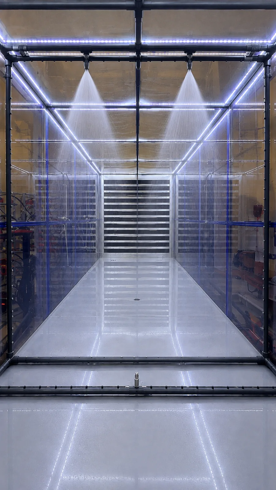 Looking down the length of the chamber with two ceiling nozzles running, each throwing a cone of spray downwards.