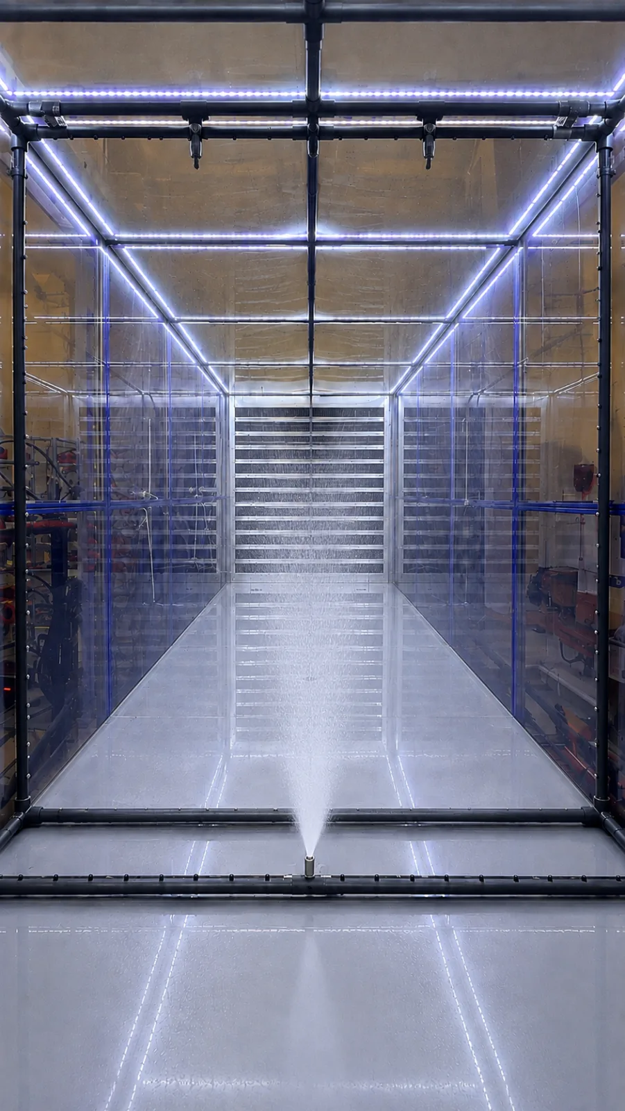 The same view with one nozzle on the floor manifold running, throwing a cone of spray upwards.