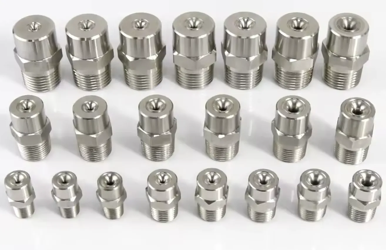 Stainless steel spray nozzles laid out in rows by size, each with a domed tip, a hex body and a threaded stem.