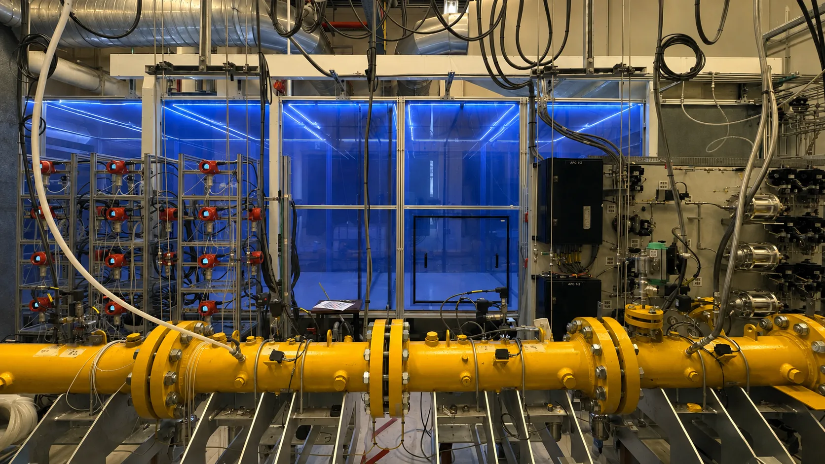 The chamber from the floor of the hall: the glazed enclosure lit blue from within, banks of red-topped instruments on racks to its left, control cabinets to its right, and the yellow detonation tube crossing the frame in the foreground.